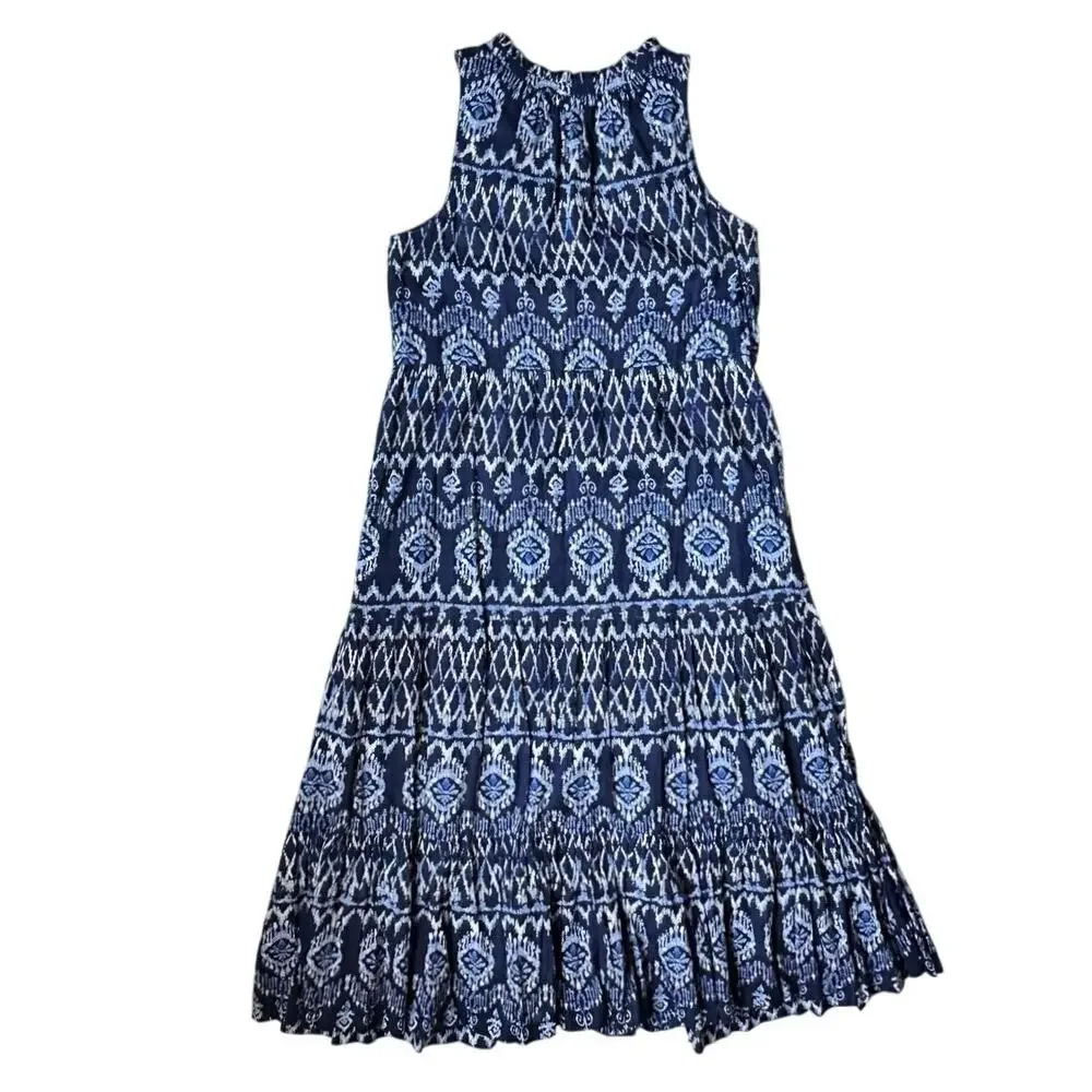 Tommy Bahama Cotton Blue Ikat Tassel Tie Sleeveless Dress Boho Coastal Ruffle S - Picture 3 of 9